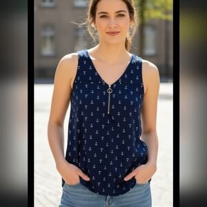Janet Chung Print Anchor Navy Women's Tank Top Sleveless Size S